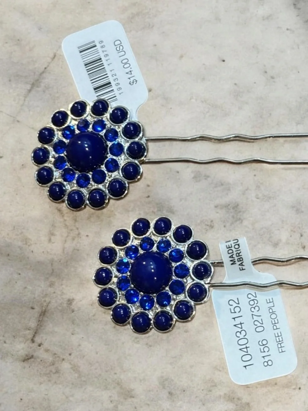 Free People Cobalt Blue Crystal Floral Hair Pins NWT
